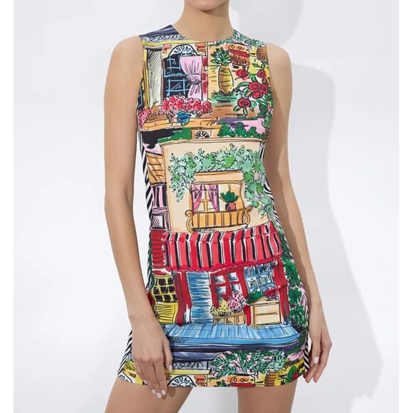 Alice + Olivia Coley Mini Shift Dress Vacation Dreams Colorful Building 8 - Picture 1 of 14